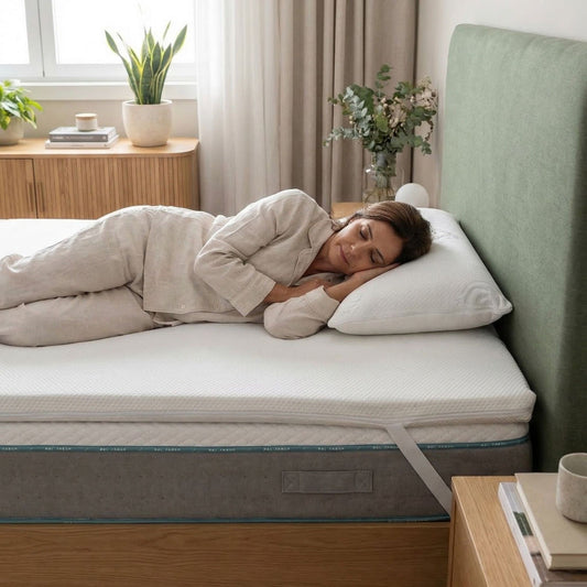 Topper Cloud viscoelástico premium de firmeza suave com pessoa deitada na cama.